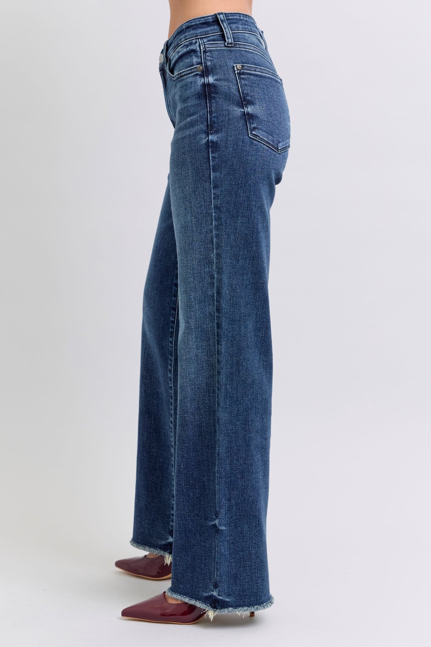 Judy Blue Mid-Rise Straight Leg Boyfriend Relaxed Jeans Raw Hem Denim Pants