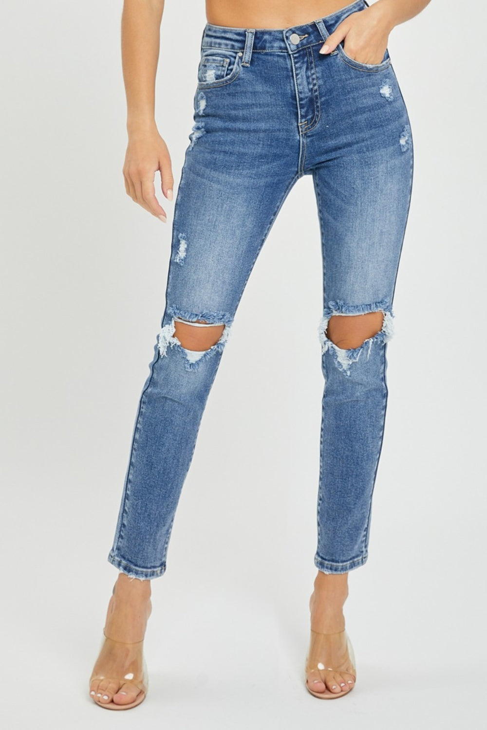 RISEN Skinny High-Rise Waist Denim Distressed Torn Hole Jeans Slim Ankle Pants