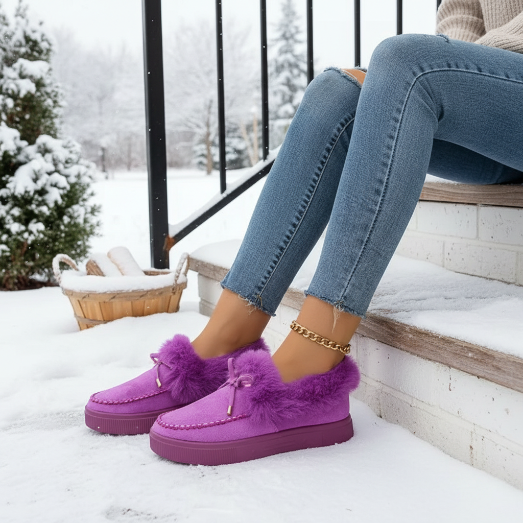 Bow Top Plush Faux Fur Loafers Slip-On Moccasin Soft Flat Outdoor House Shoes