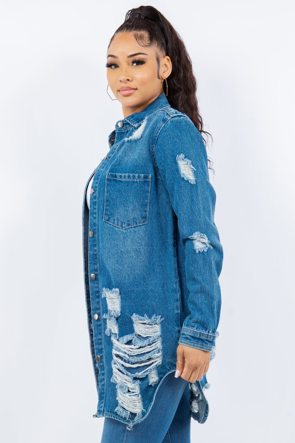 American Bazi Torn Distressed Hole Oversized Shacket Cotton Denim Jean Jacket Medium Blue