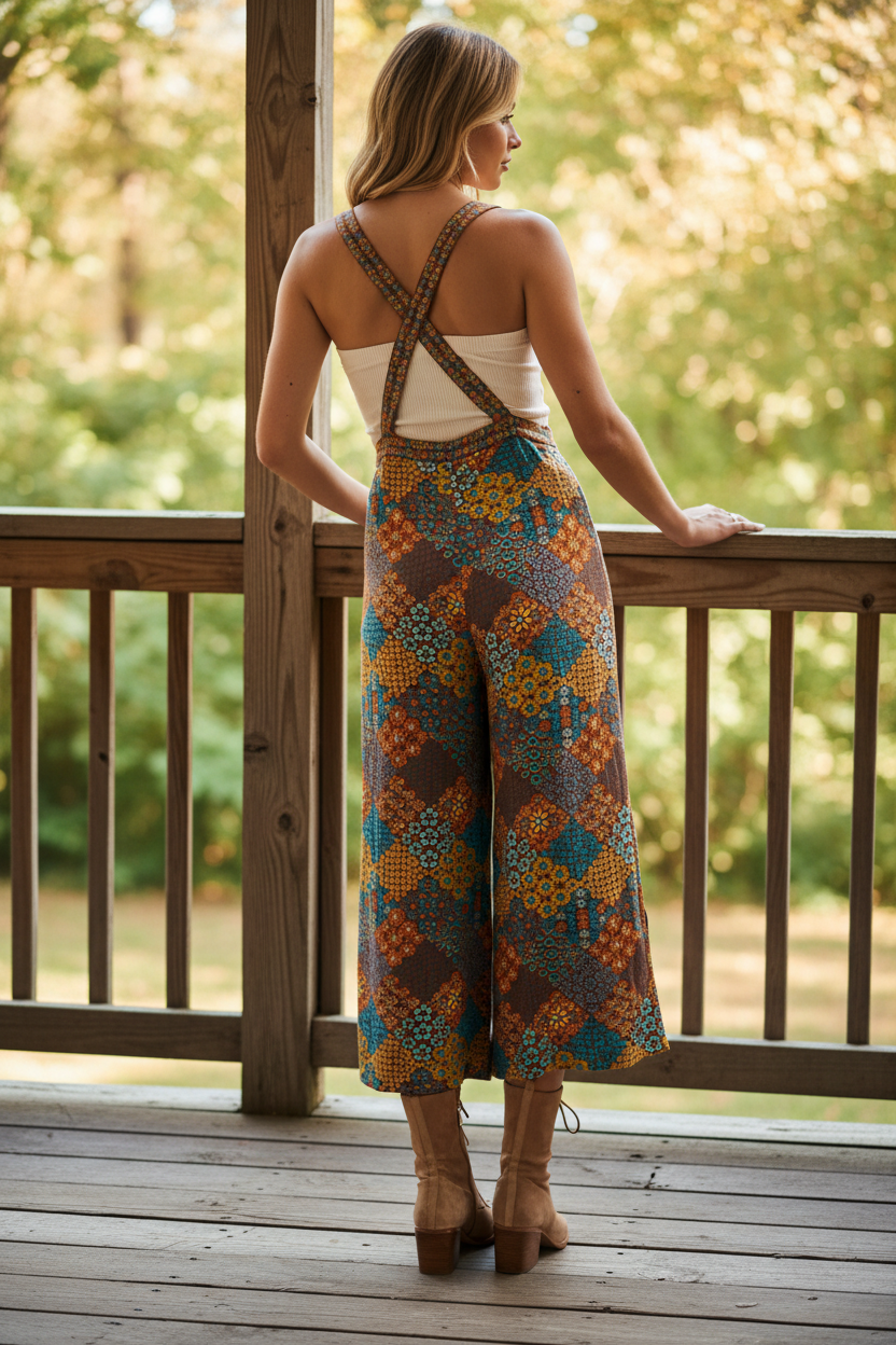 Retro Floral Jumpsuit Crisscross Back Strap Palazzo Wide Leg Cropped Overalls