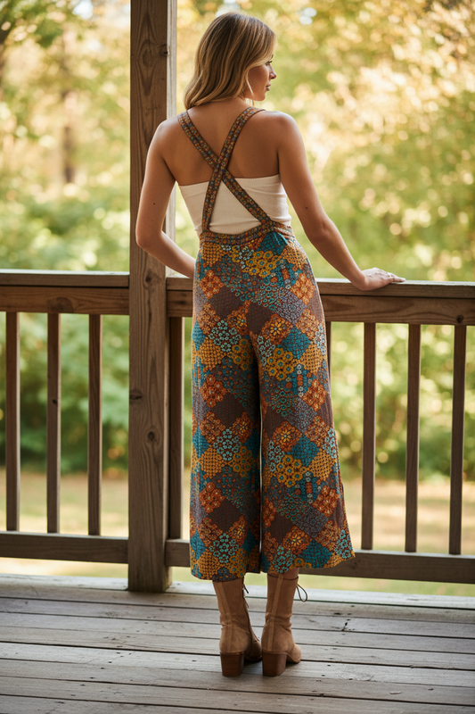 Retro Floral Jumpsuit Crisscross Back Strap Palazzo Wide Leg Cropped Overalls