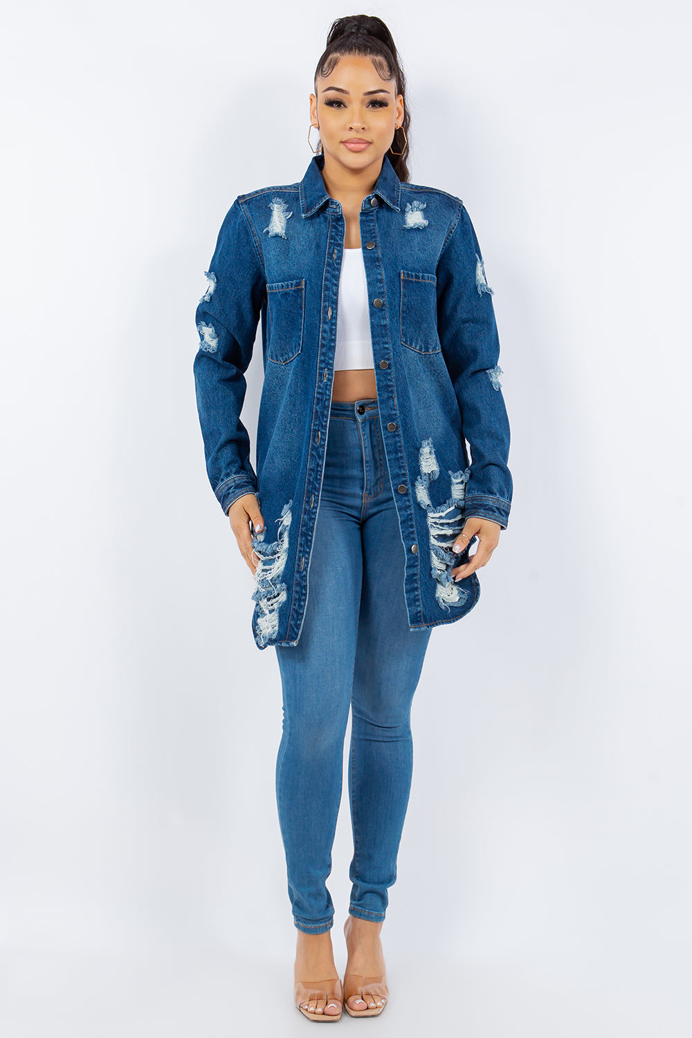 American Bazi Torn Distressed Hole Oversized Shacket Cotton Denim Jean Jacket Blue