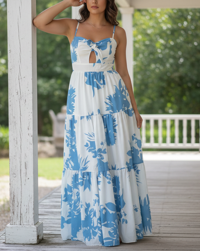 Floral Tie Front Chest Cut Out Sweetheart Neck Empire Waist Long Tiered Maxi Dress