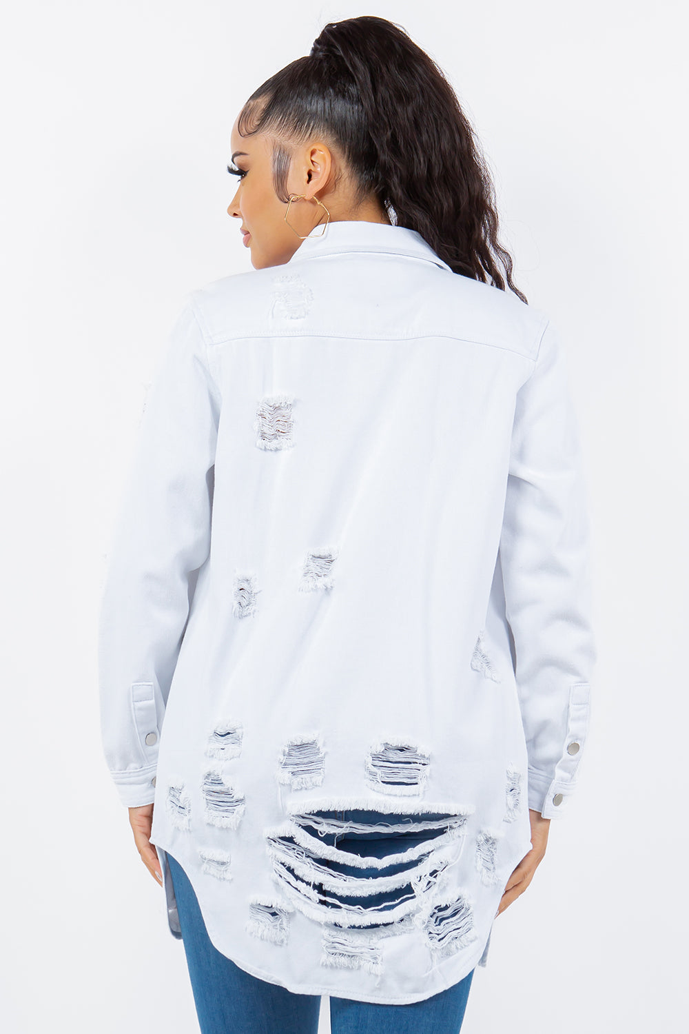 American Bazi Torn Distressed Hole Oversized Shacket Cotton Denim Jean Jacket White