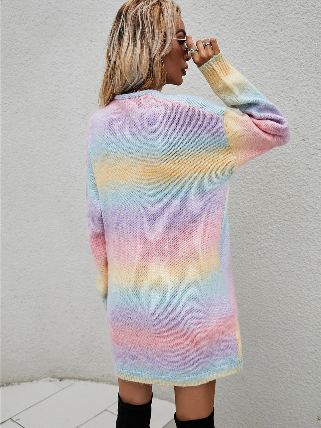 Retro Knit Longline Cardigan Colorful Ombre Patch Pocket Open Sweater Duster