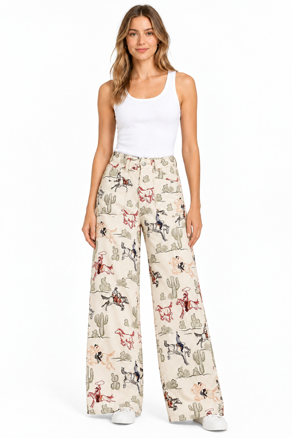 Rodeo Cowboy Print Straight Leg Jeans Western Cowgirl High Rise Patch Pocket Pants