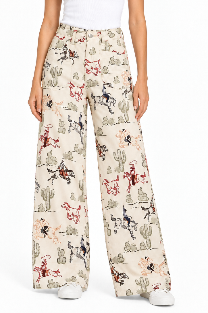 Rodeo Cowboy Print Straight Leg Jeans Western Cowgirl High Rise Patch Pocket Pants