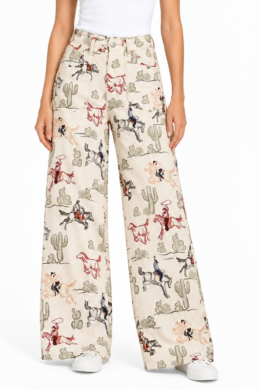 Rodeo Cowboy Print Straight Leg Jeans Western Cowgirl High Rise Patch Pocket Pants