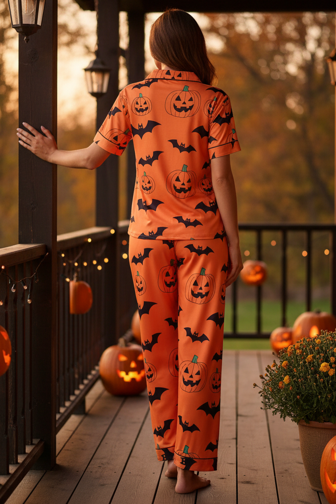 Spooky Pumpkin Bat Button-Down Short Sleeve Halloween Pajama Pants Loungewear Set