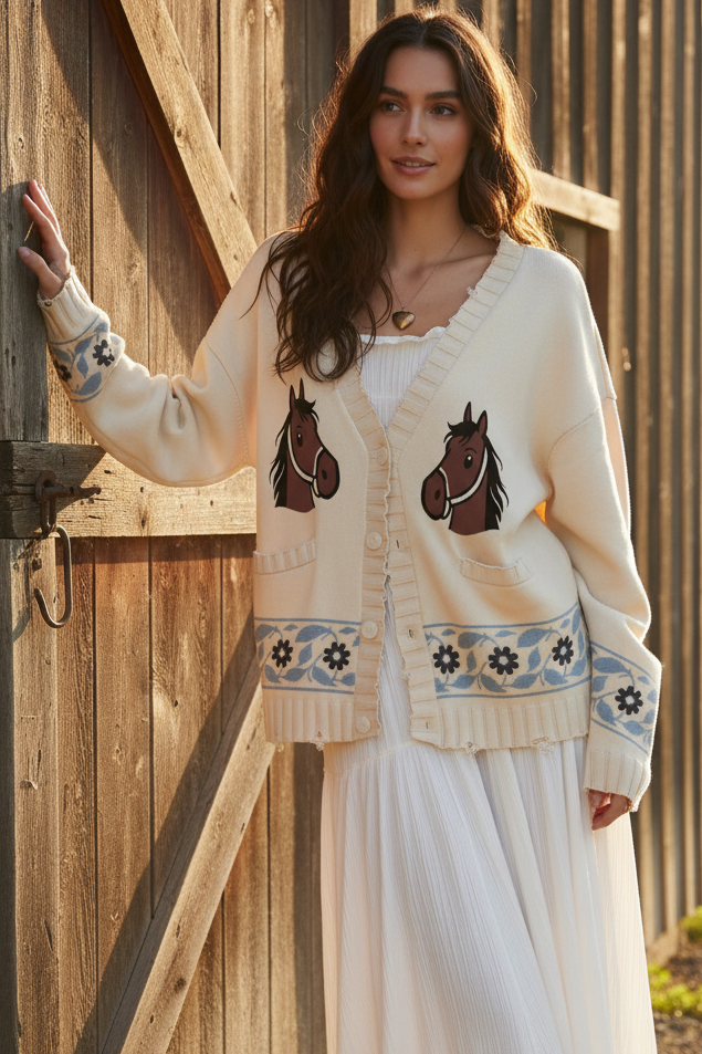 Equestrian Horse Retro Floral V-Neck Button Front Distressed Trim Knit Cardigan