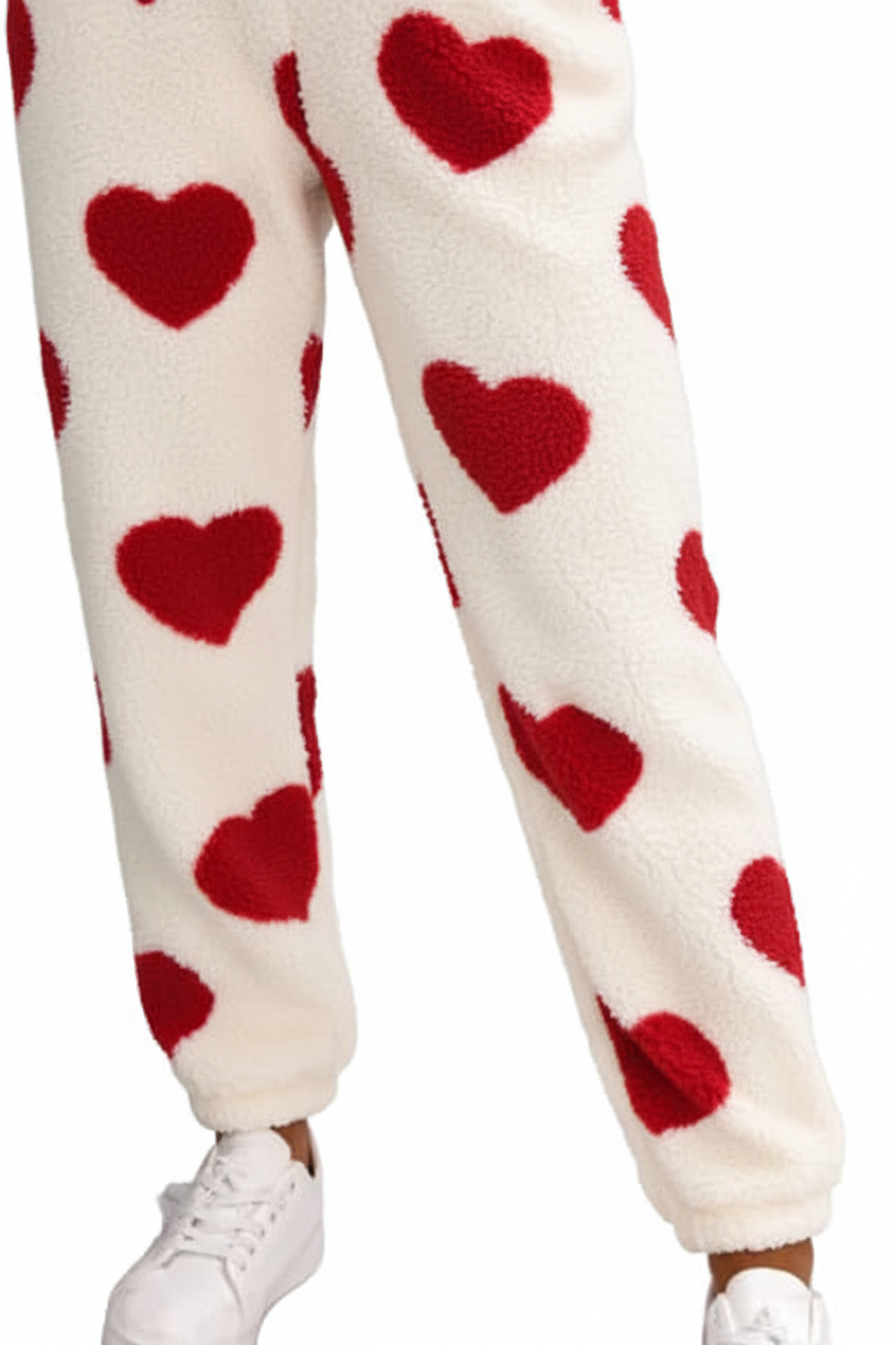 Fuzzy Sherpa Heart Hooded Zip-Up Teddy Sherpa One-Piece Loungewear Jumpsuit
