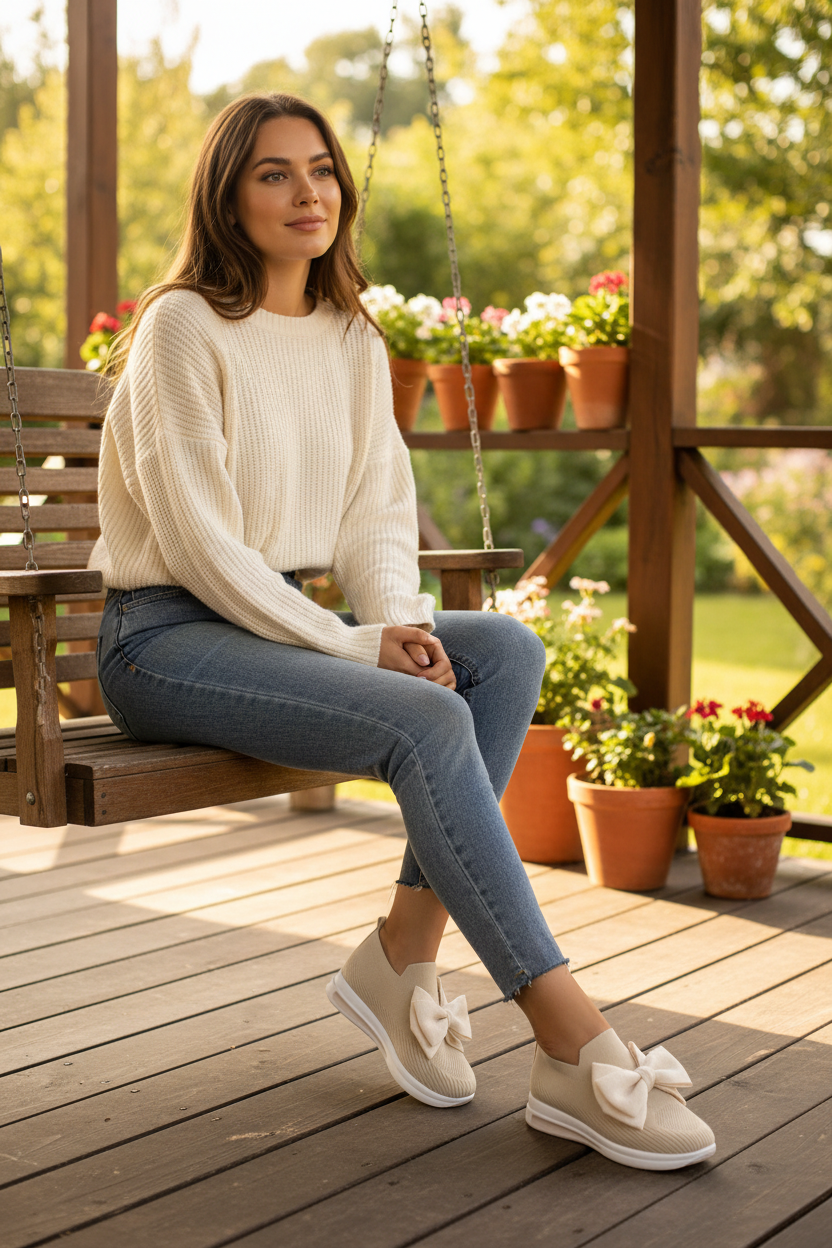 Oversized Bow Knit Slip-On Sneakers Breathable Round Toe Athleisure Shoes