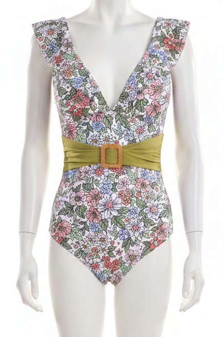 Retro Floral Ruffle Shoulder Plunge Neck Belted Swimwear One-Piece Swimsuit
