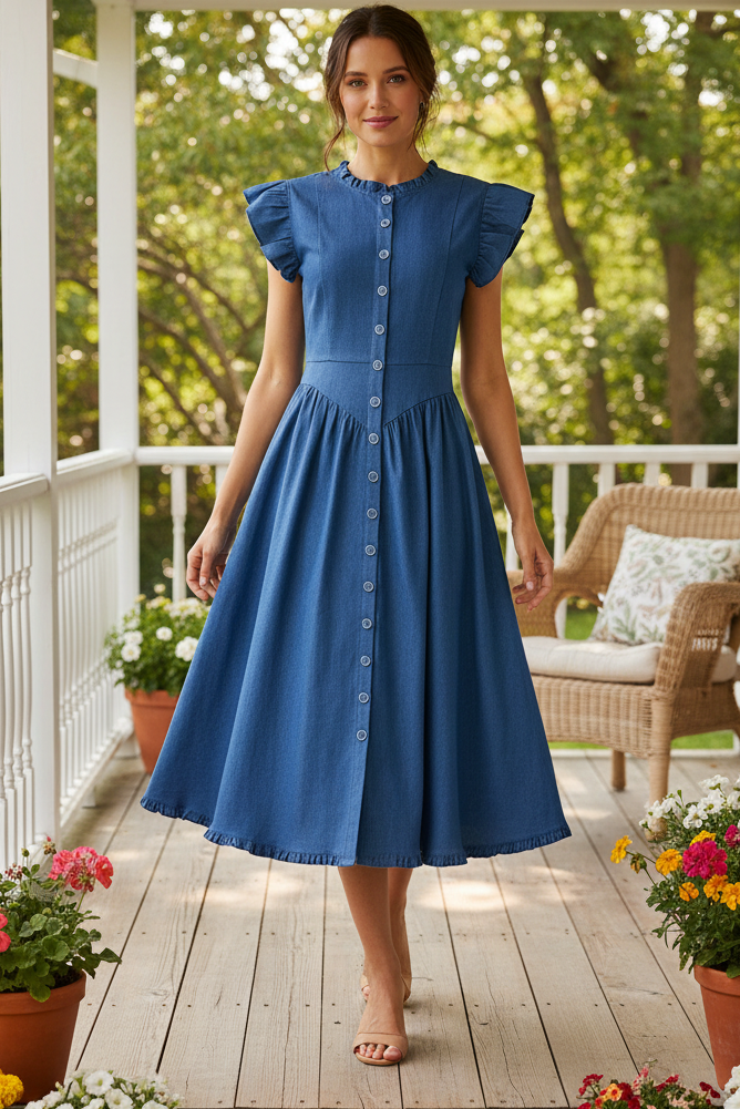 Ruffle Cap Sleeve Button Front Fit and Flare Princess Seam Denim Prairie Dress