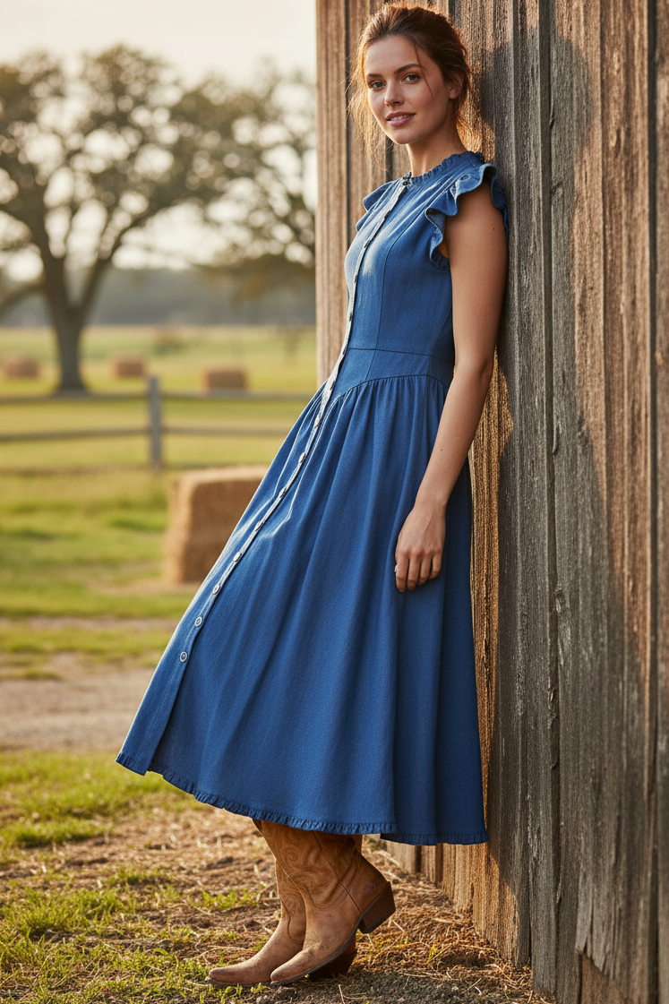 Ruffle Cap Sleeve Button Front Fit and Flare Princess Seam Denim Prairie Dress
