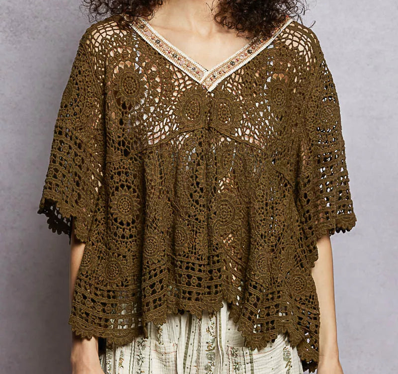 POL Beaded Contrasting V-Neck Top Openwork Granny Crochet Scalloped Hem Blouse Olive Green