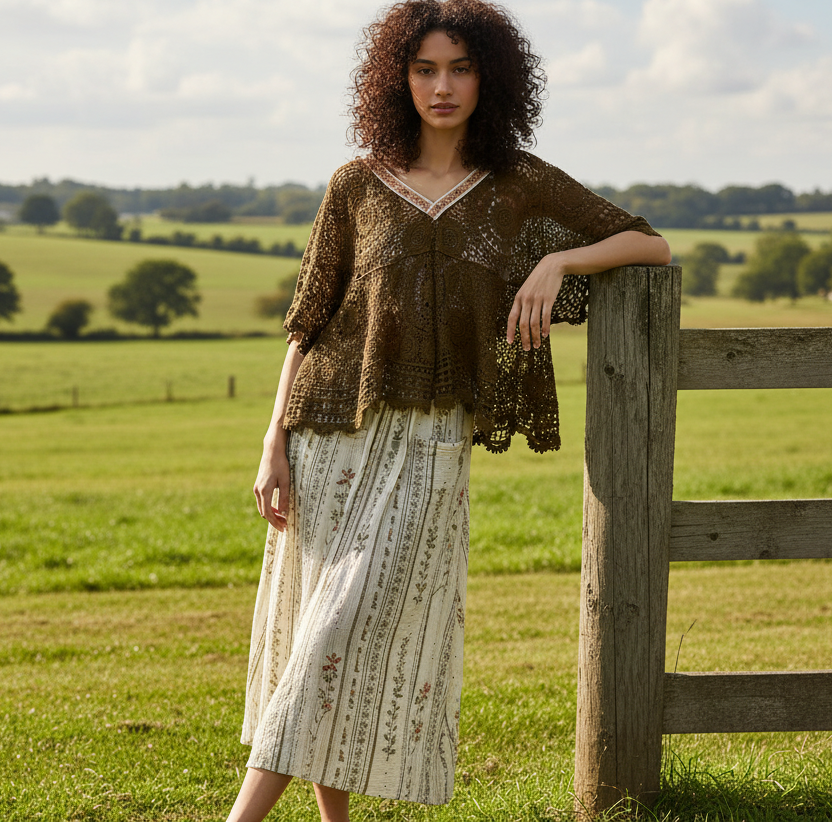 POL Beaded Contrasting V-Neck Top Openwork Granny Crochet Scalloped Hem Blouse Olive Green