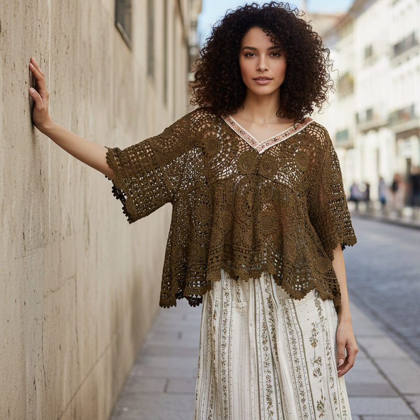 POL Beaded Contrasting V-Neck Top Openwork Granny Crochet Scalloped Hem Blouse Olive Green