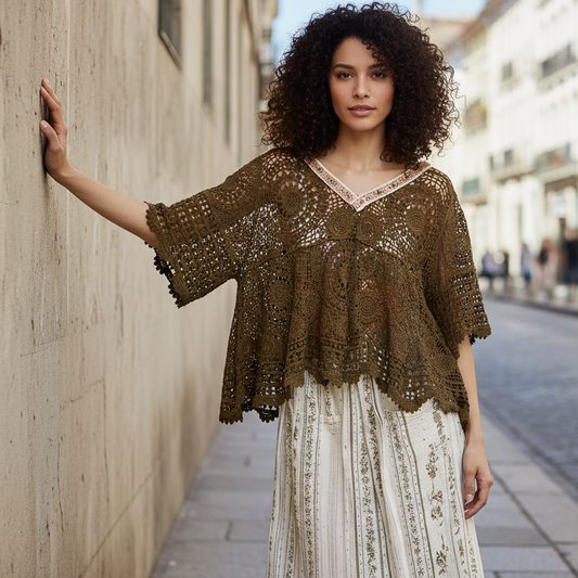 POL Beaded Contrasting V-Neck Top Openwork Granny Crochet Scalloped Hem Blouse Olive Green
