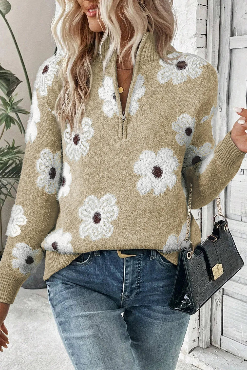 Fuzzy Half-Zip Pullover Daisy Retro Flower Top Eyelash Knit Henley Neck Sweater Shirt