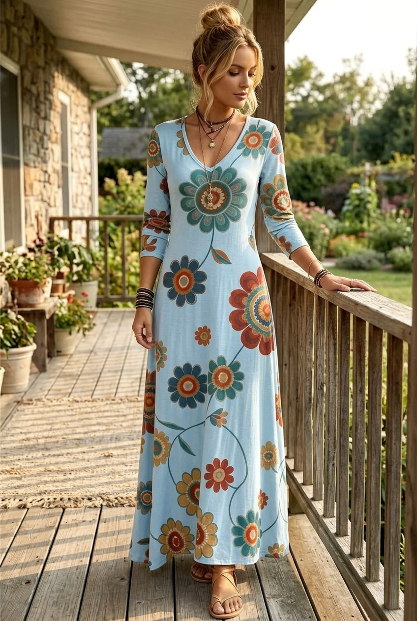 Groovy Floral Daisy V-Neck Long Sleeve Colorful Retro A-line Maxi Dress Hippie Boho