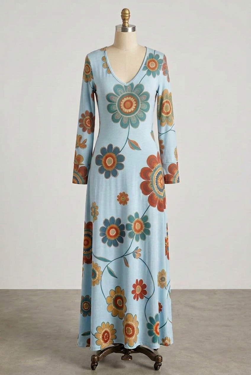 Groovy Floral Daisy V-Neck Long Sleeve Colorful Retro A-line Maxi Dress Hippie Boho