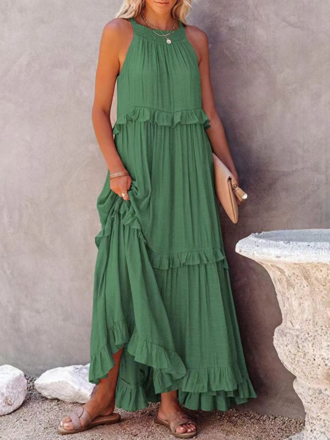 Ruffle Sleeveless Grecian Tie Back Tiered Summer Side Pocket Oversized High-Low Maxi Dress