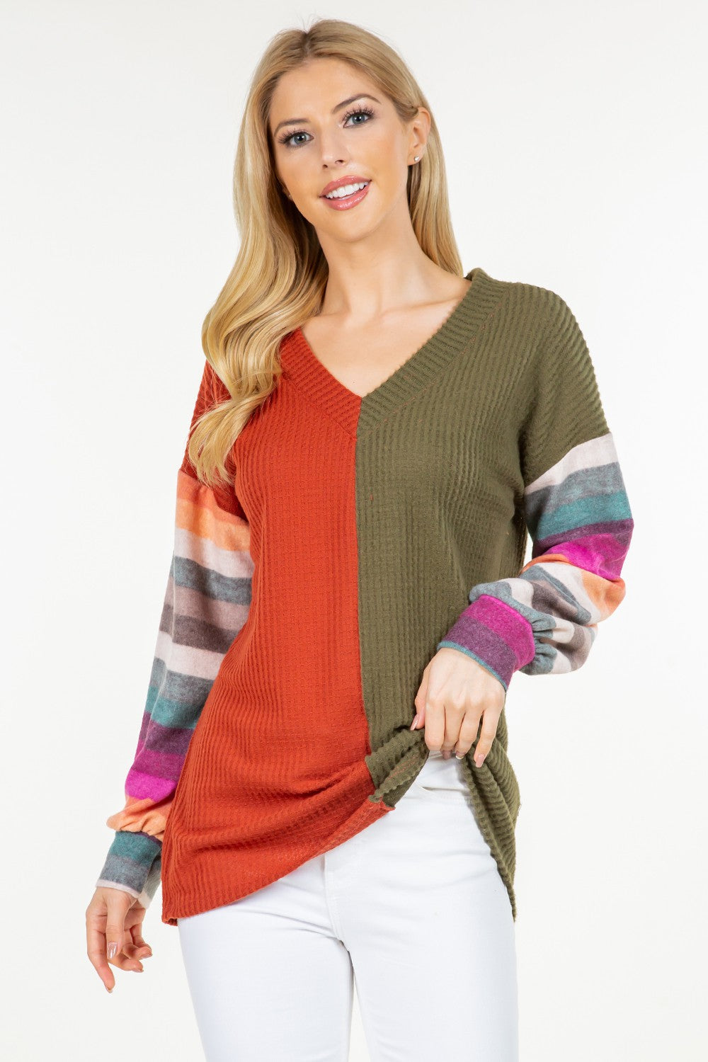 Celeste Patchwork Color Contrasting Top Stripe Long Sleeve Bohemian Waffle Knit Shirt