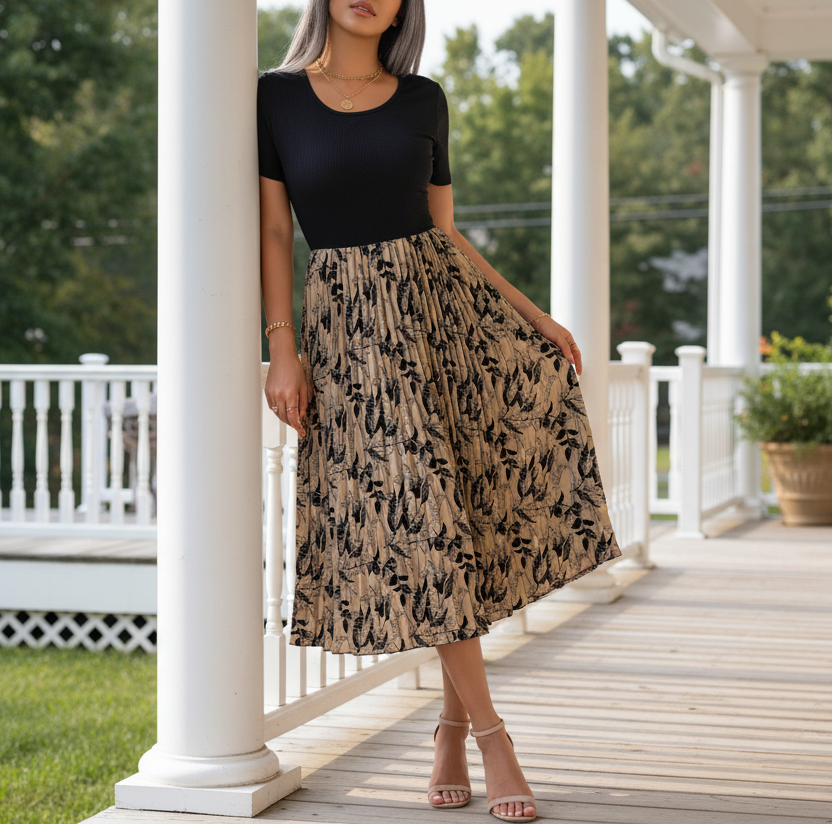 Floral Accordion Pleated Midi Dress Round Neck Short Sleeve Flowing Colorblock A-Line