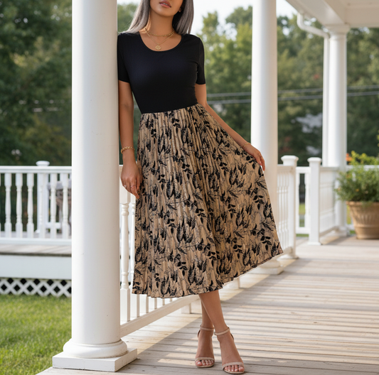 Floral Accordion Pleated Midi Dress Round Neck Short Sleeve Flowing Colorblock A-Line