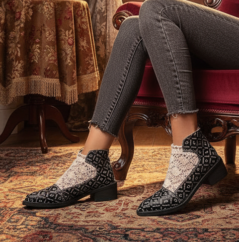 Crochet Knit Vegan leather Block Heel Booties Pointed Toe Retro Victorian Shoes