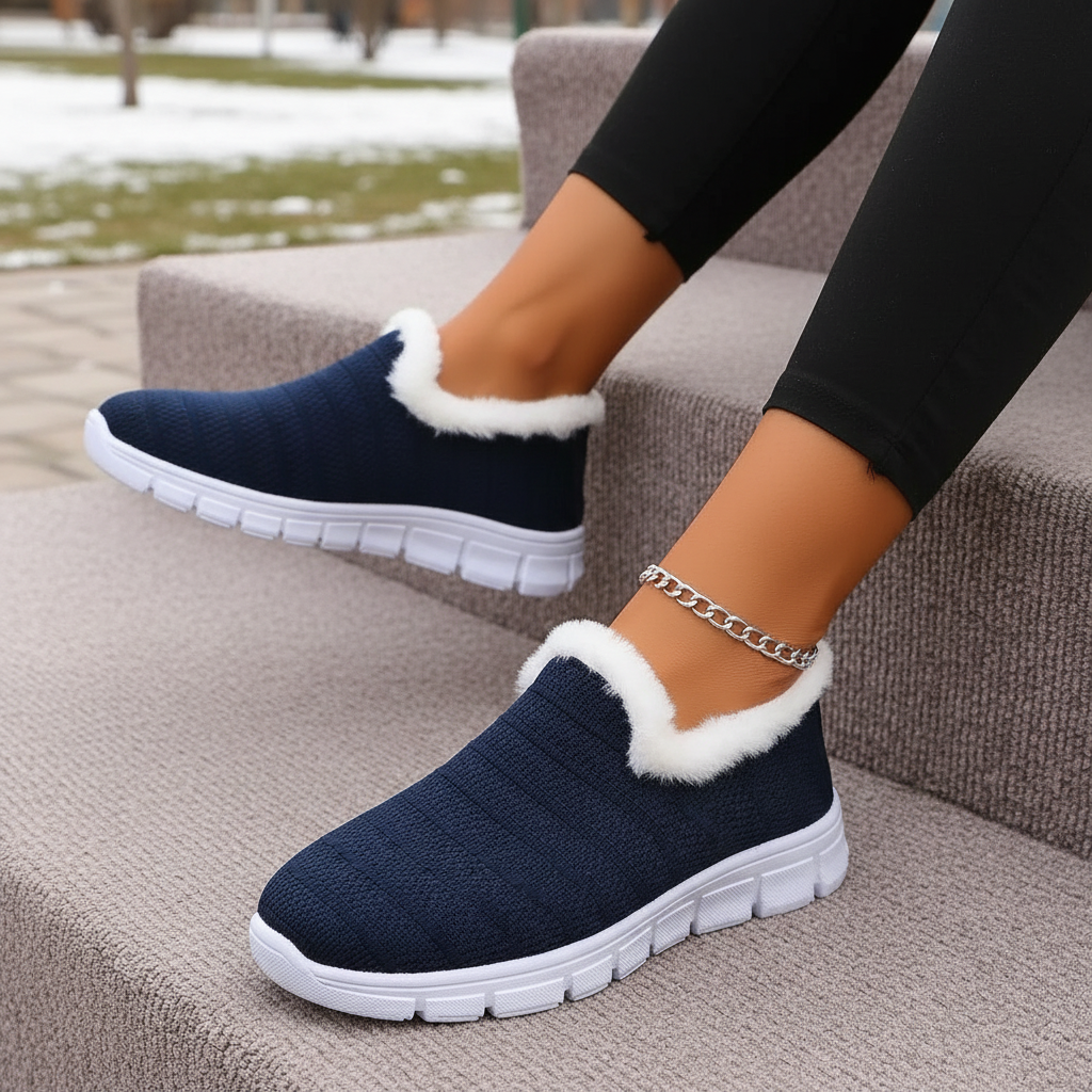 Breathable Mesh Fuzzy Faux Fur Trim House Shoes Slip-On Cozy Sneakers