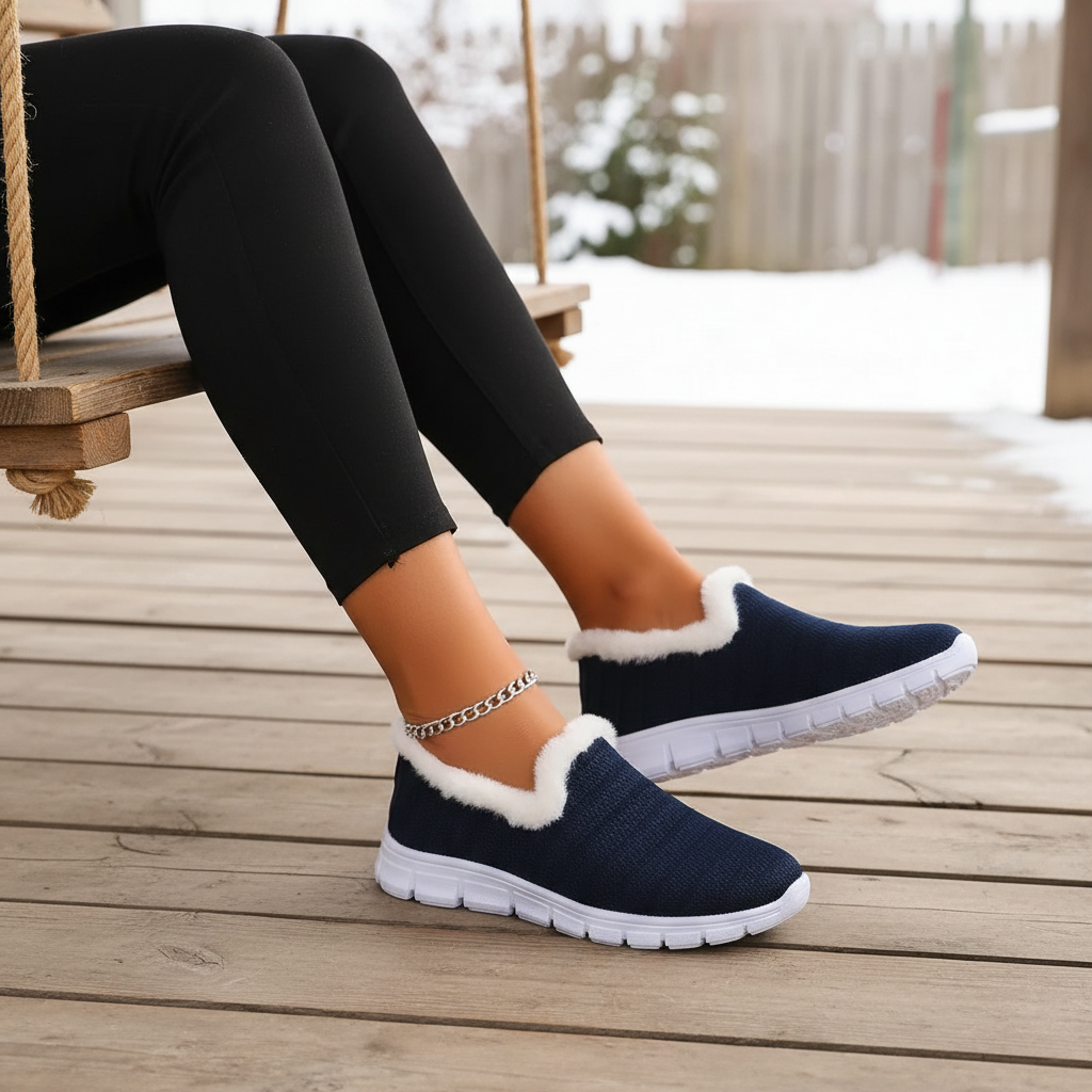 Breathable Mesh Fuzzy Faux Fur Trim House Shoes Slip-On Cozy Sneakers