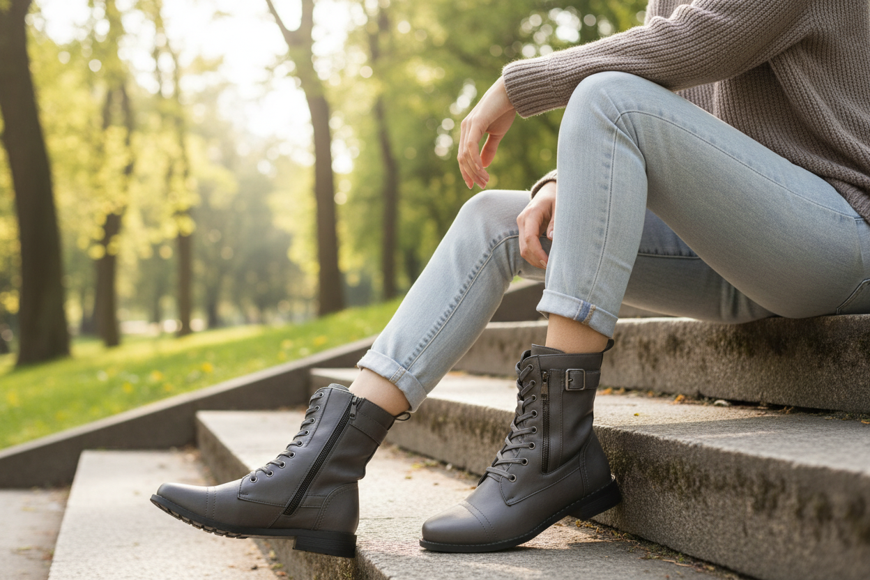 Lace-Up Buckle Military Combat Boots Buffed Faux Leather Zipper Shoes