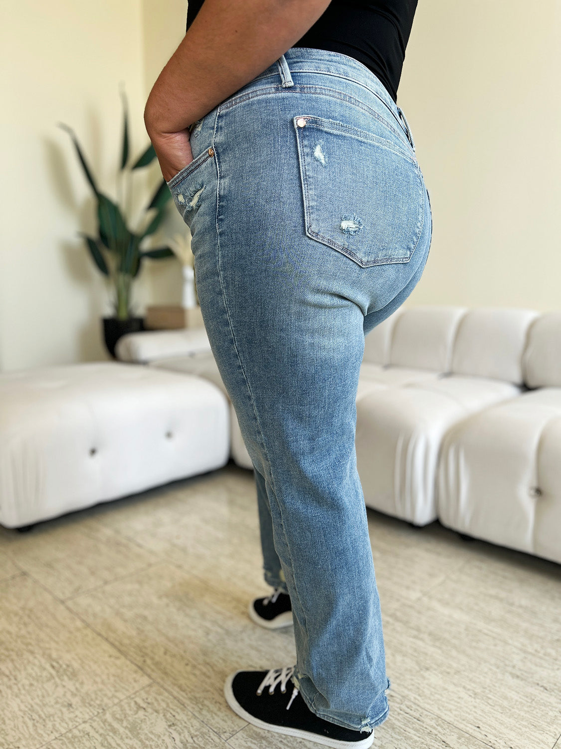 Judy Blue High-Rise Waist Distressed Denim Boyfriend Straight Leg Jean Pants