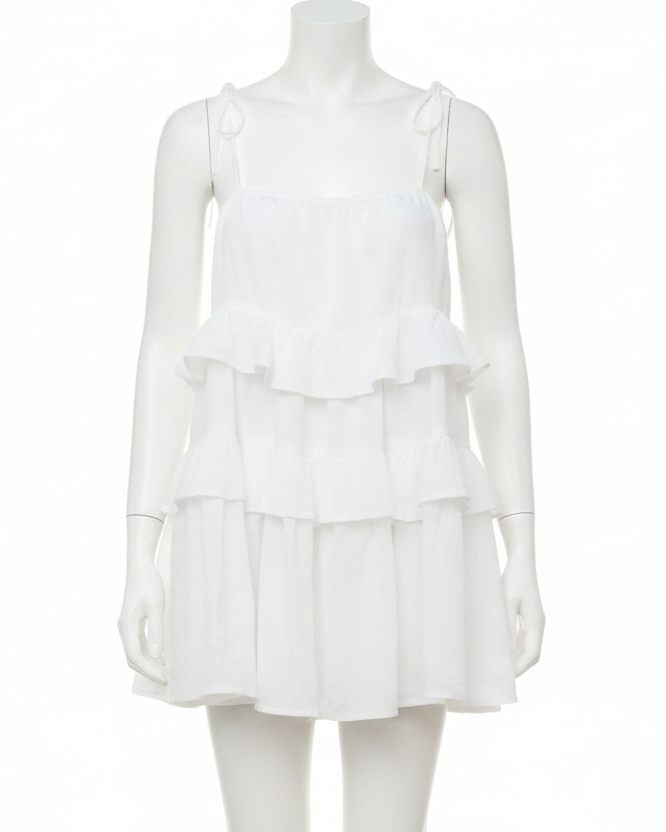 Cotton Ruffle Layer Tiered Bow Tie Shoulder Oversized Low Back Mini Dress