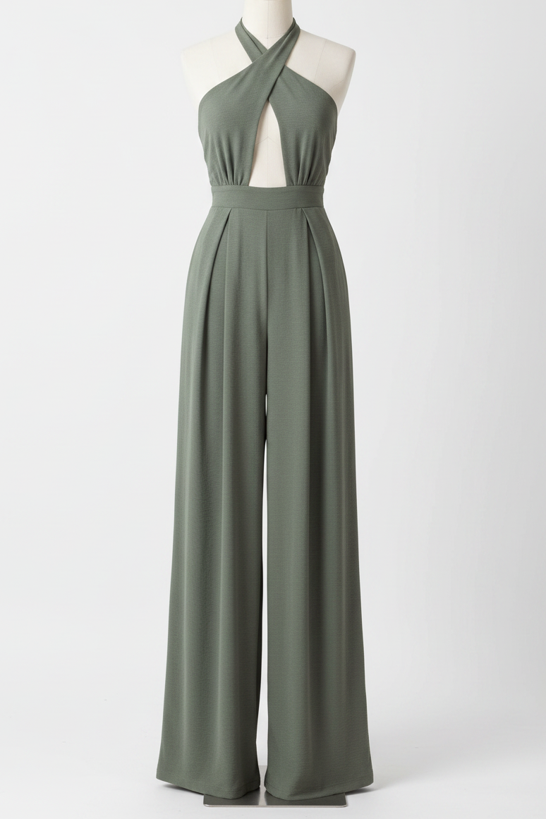 Cutout Chest Open Back Plunging Halter Neck One-Piece Pleated Wide Leg Jumpsuit