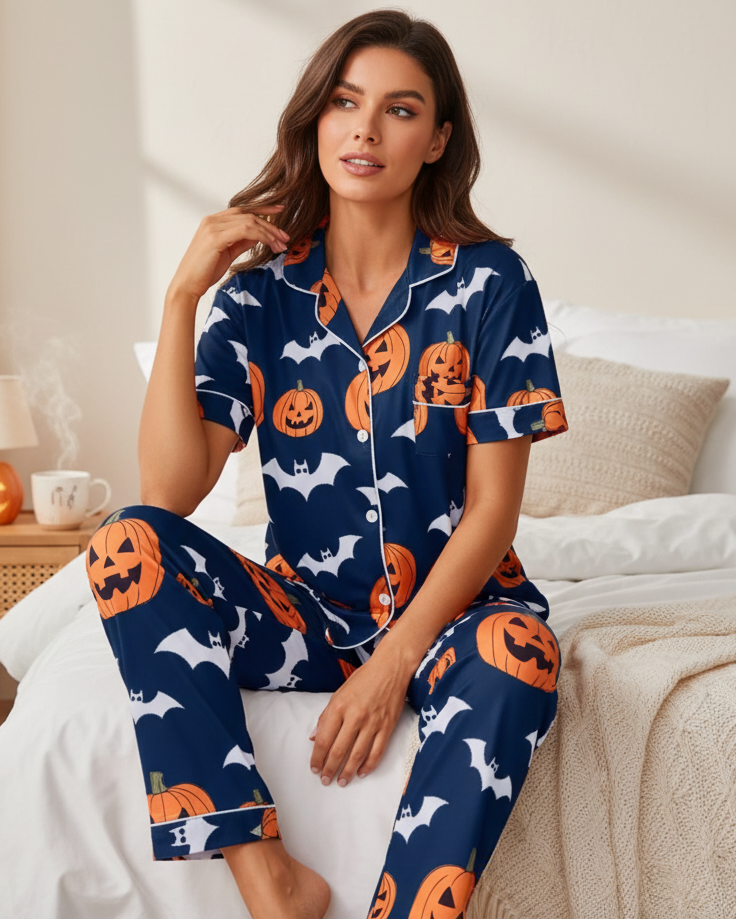 Spooky Pumpkin Bat Button-Down Short Sleeve Halloween Pajama Pants Loungewear Set