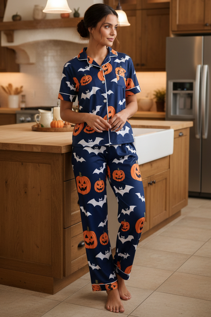Spooky Pumpkin Bat Button-Down Short Sleeve Halloween Pajama Pants Loungewear Set