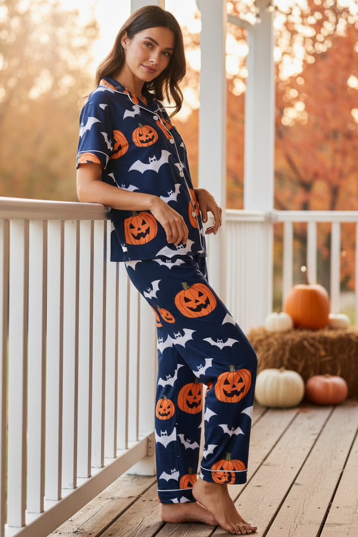 Spooky Pumpkin Bat Button-Down Short Sleeve Halloween Pajama Pants Loungewear Set