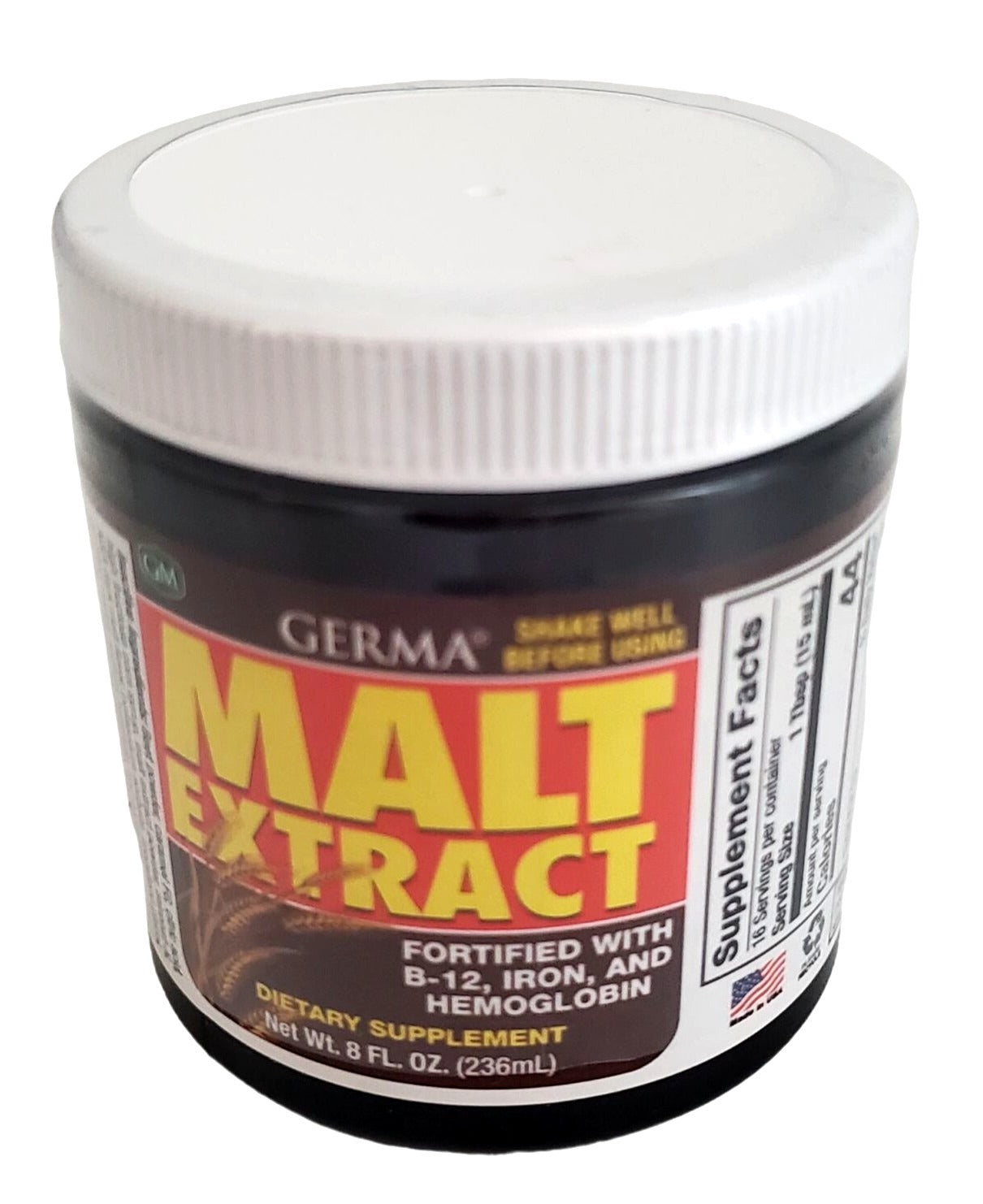 Germa Malt Extract Supplement Fortified with B12 Iron Hemoglobin 8 oz container