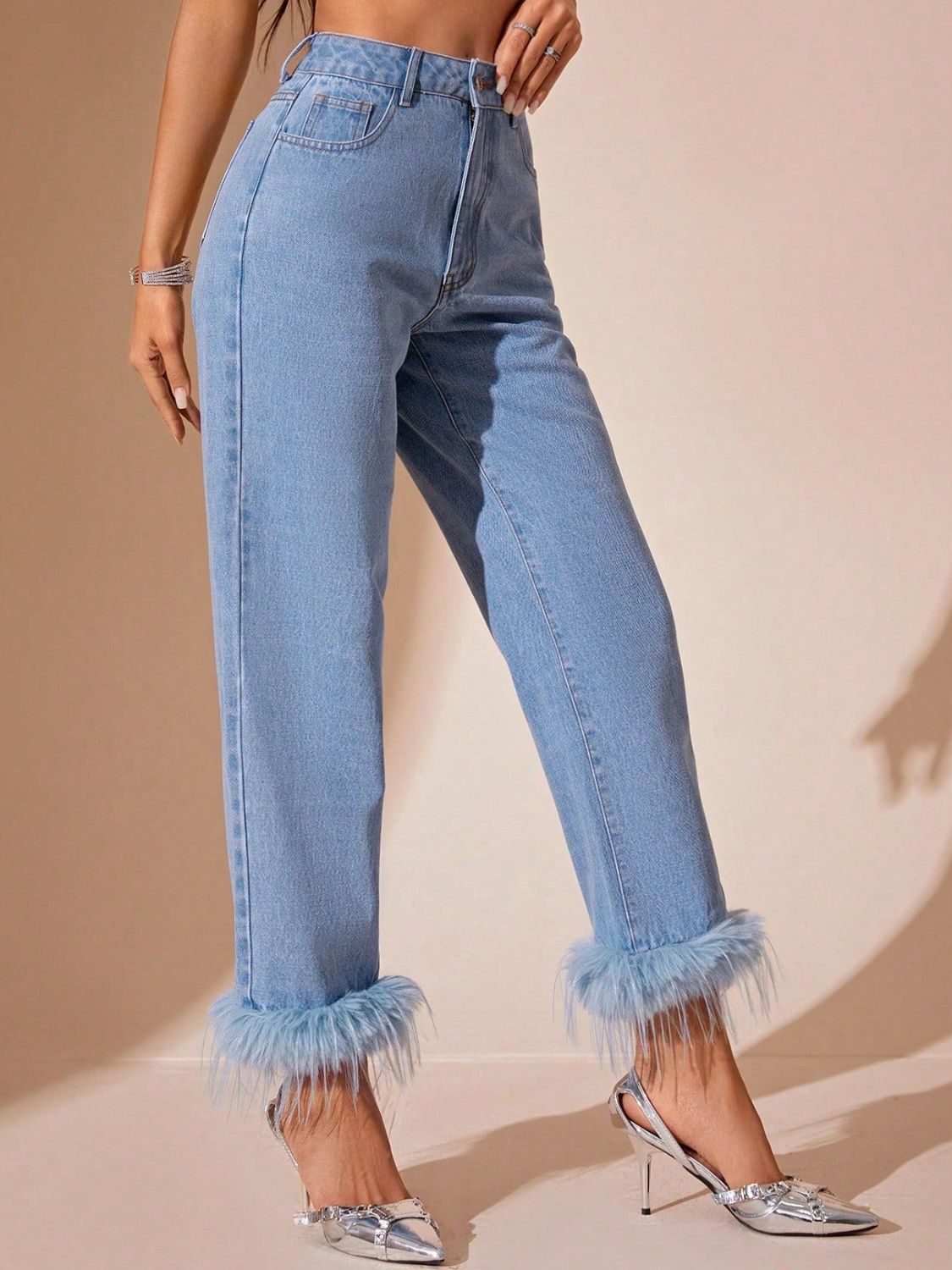 Faux Fur Plush Ankle High-Rise Waist Relaxed Fit Jeans Straight Leg Denim Pants