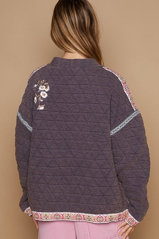 POL Quilted Granny Floral Embroidered Patchwork Oversized Pocket Bohemian Jacket