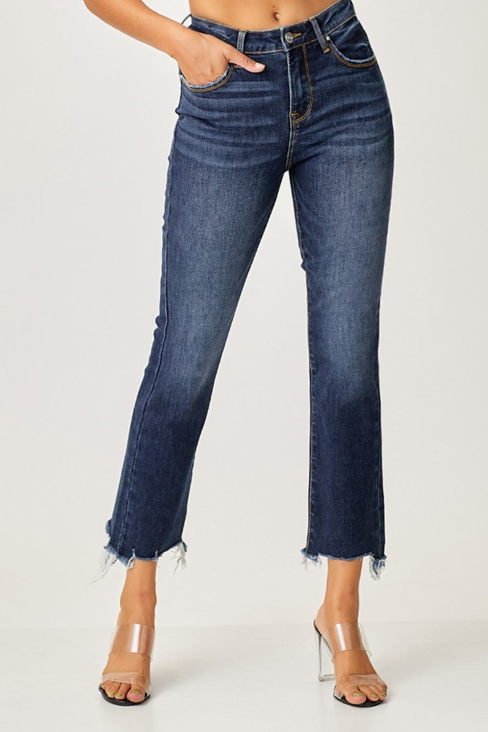 RISEN High-Rise Straight Leg Cropped Frayed Raw Hem Distressed Jeans Denim Pants