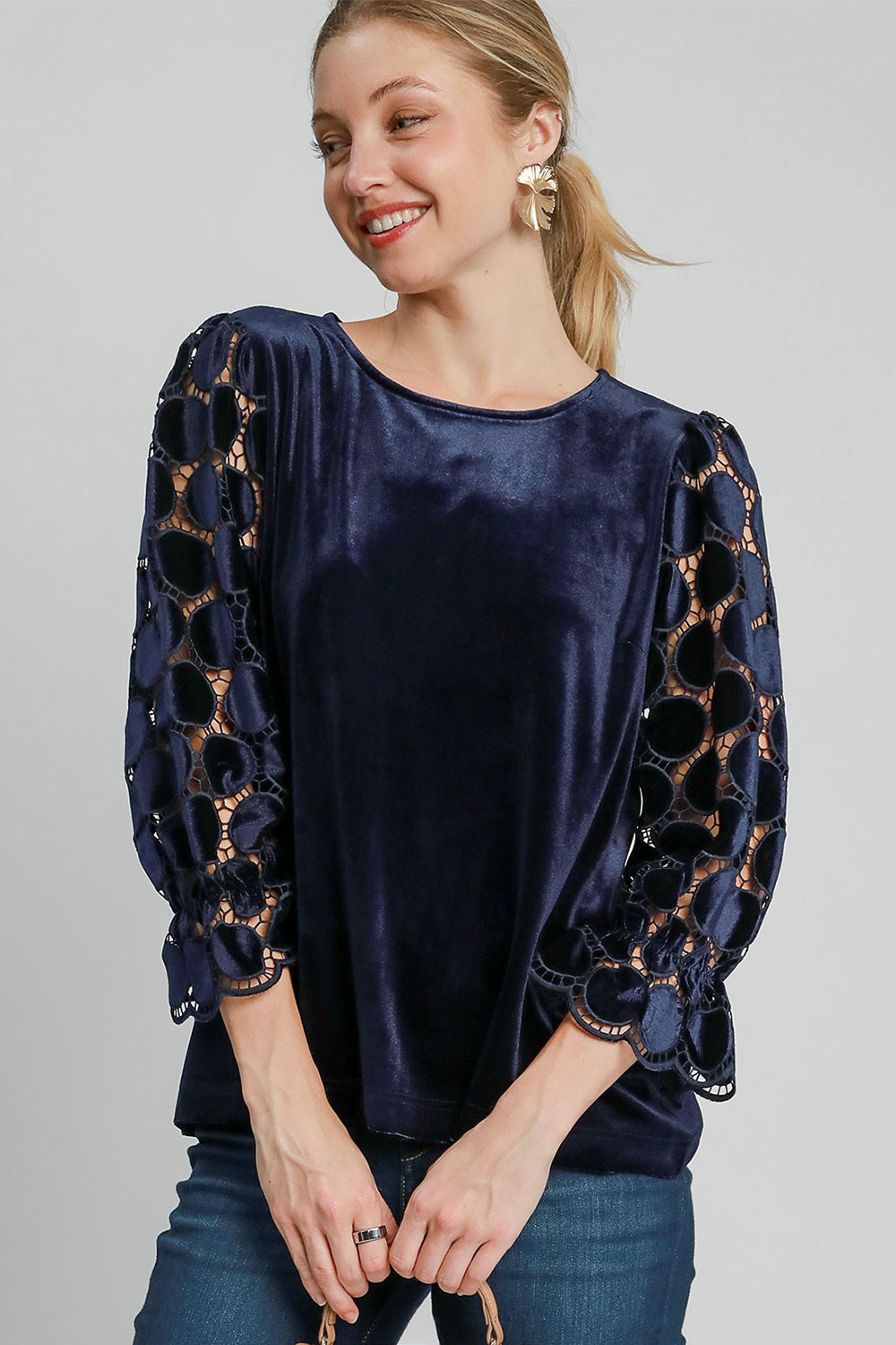 Umgee Lace Velvet Retro Top Sheer Polka-dot Ruffle Long Sleeve Shirt Boho Blouse