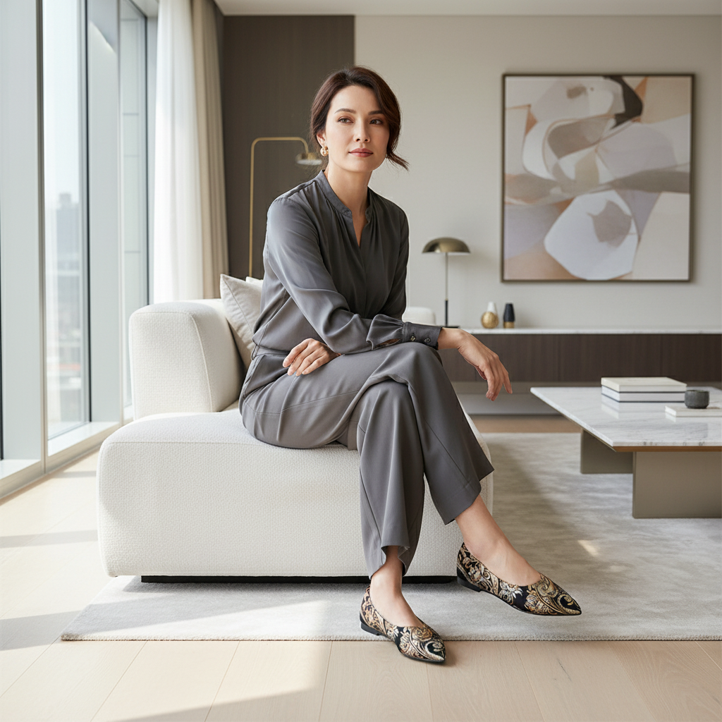 Decorative Pointed Toe Flats Slip-On Printed Vegan Leather Rhinestone Shoes