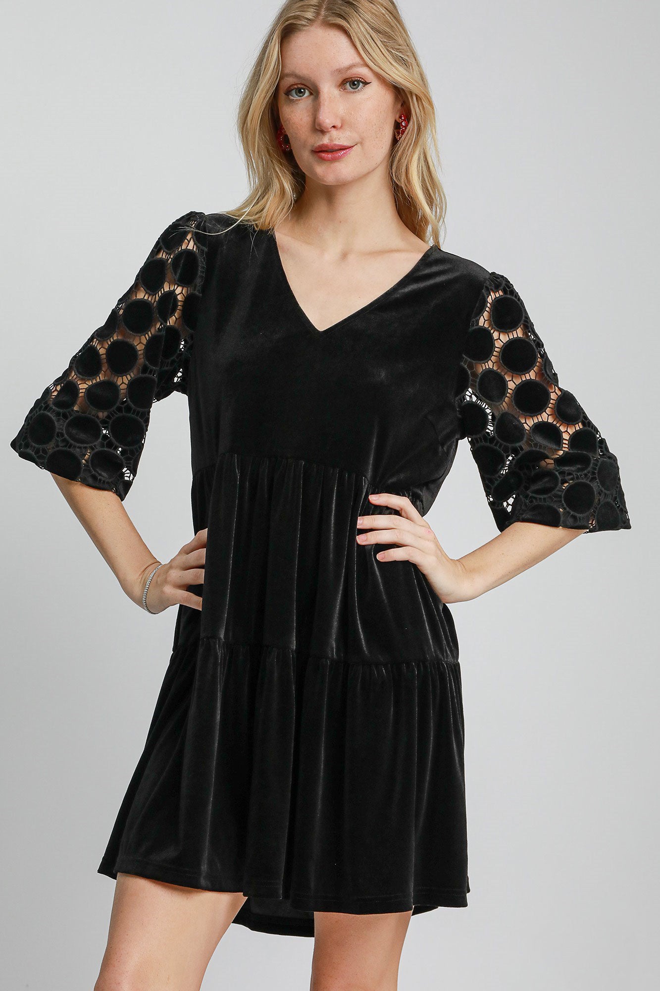 Umgee Lace Velvet Sheer Polka-dot Boho Babydoll Ruffle Long Sleeve Mini  Dress