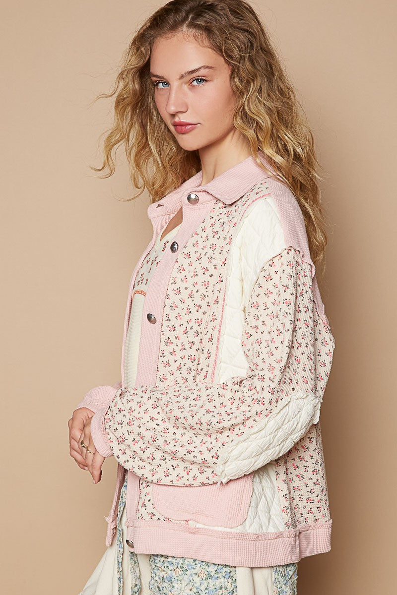 POL Quilted Jacket Patchwork Retro Pink Floral Exposed Seam Patch Pocket Cardigan