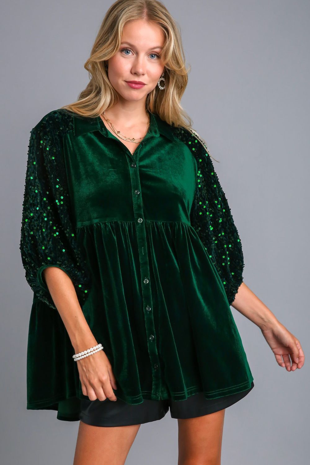 Umgee Sequin Velour Boho Oversized Tunic Top Babydoll Button-Up Shirt Velvet Blouse